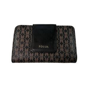 Fossil black, brown leather logo wallet, card slots and ID holder. small wallet